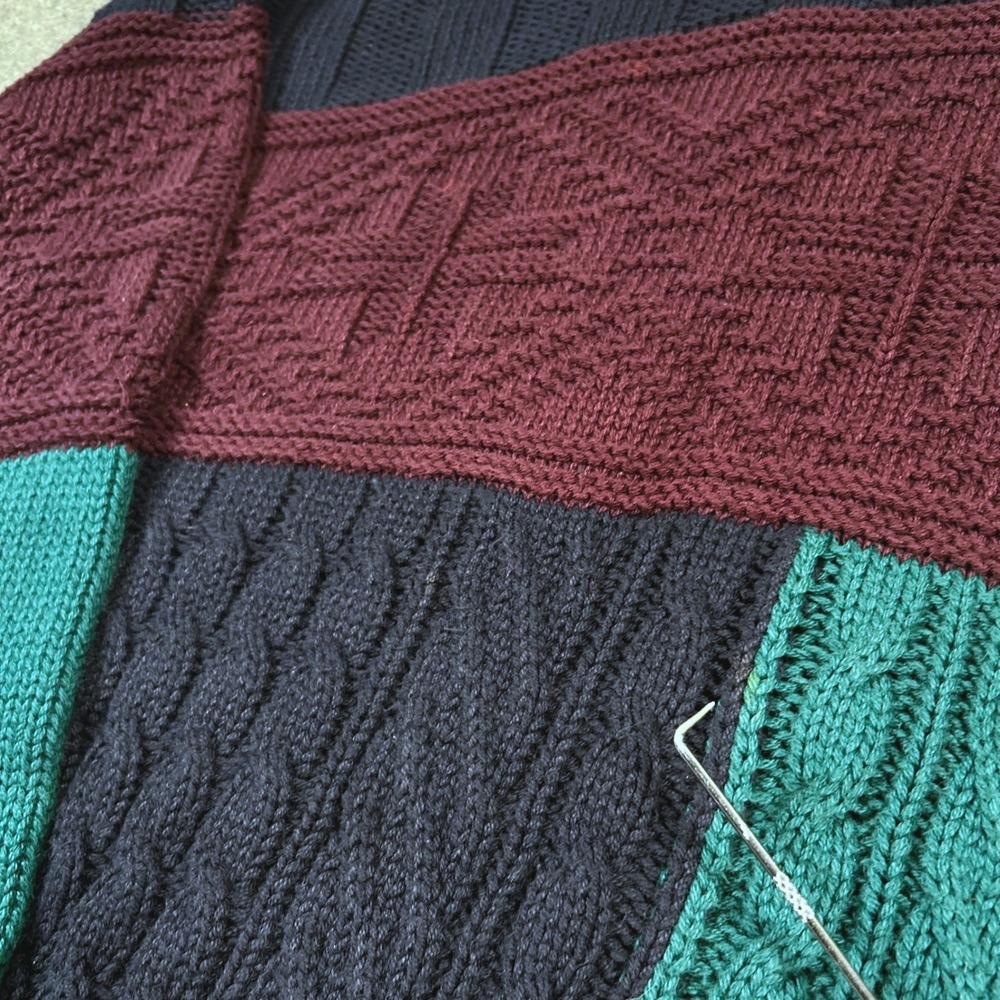 VTG Eddie Bauer Cable Knit Sweater Colorblock Navy Teal Burgundy Men XL Made USA - Picture 6 of 13